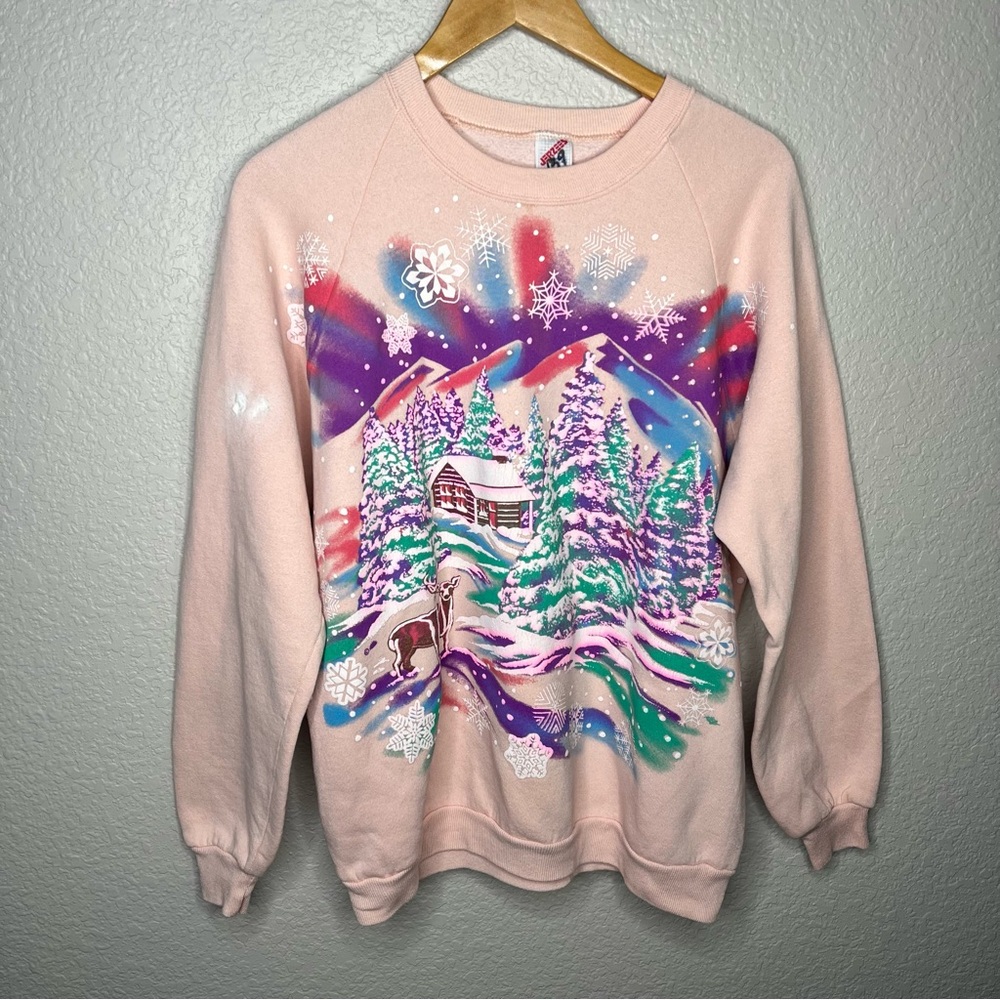 Vintage 90s Jerzees Crewneck Sweatshirt Winter Snow Cabin‎ Deer Scene Size XL